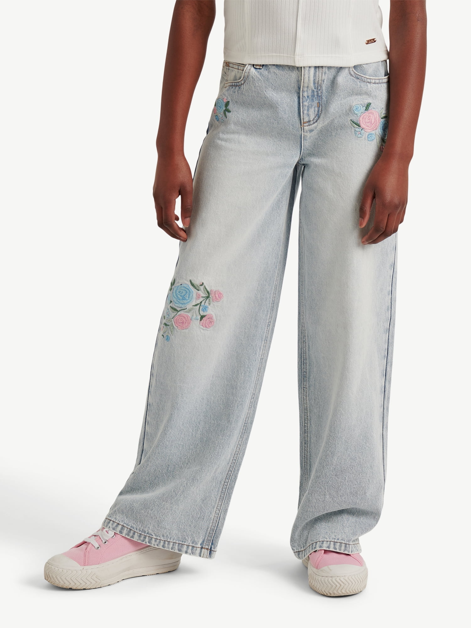 Justice Girls Wide Leg with Embroidery Jeans, Sizes 6-18, Slim & Plus