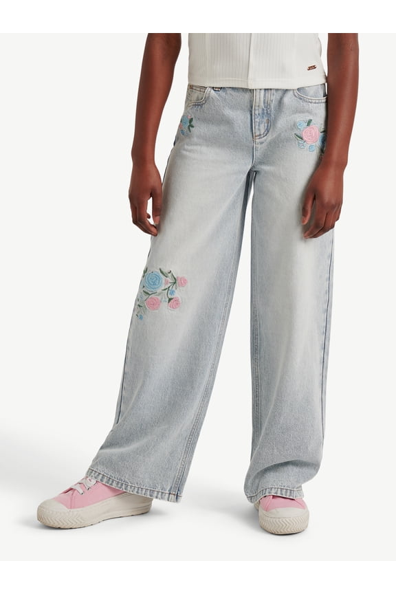 Girls Wide Leg with Embroidery Jeans, Sizes 6-18, Slim & Plus