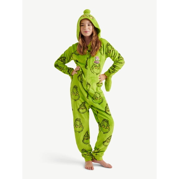 Justice Grinch Collab Girls Hooded Onesie Pajama with Flip Mitts, Sizes 5-18