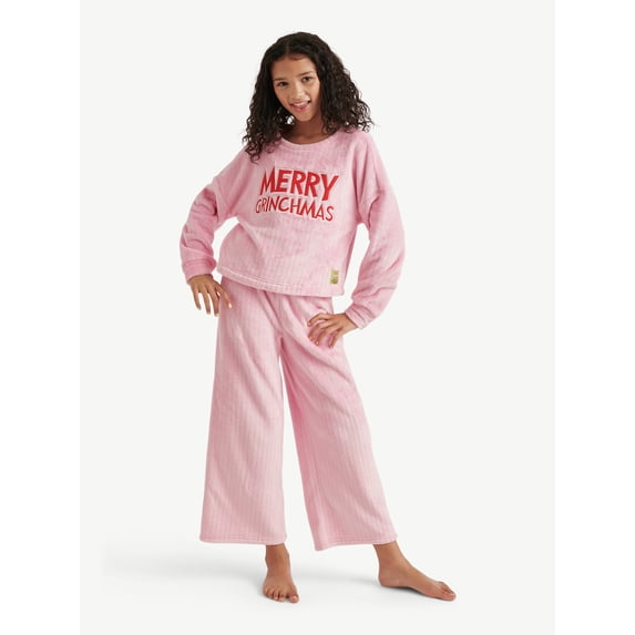 Justice Grinch Collab Girls Long Sleeve Top with Pants 2-Piece Pajama Set, Sizes 5 to 18