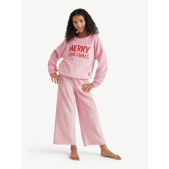 Justice Grinch Collab Girls Long Sleeve Top with Pants 2-Piece Pajama Set, Sizes 5 to 18