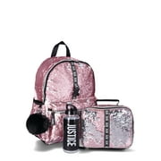 Justice Girls' Sequined 4-Piece Backpack Set with Lunch Bag, Rose Gold