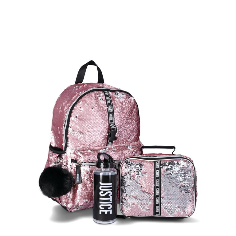 Justice Girls Sequined 4 Piece Backpack Set with Lunch Bag Rose Gold