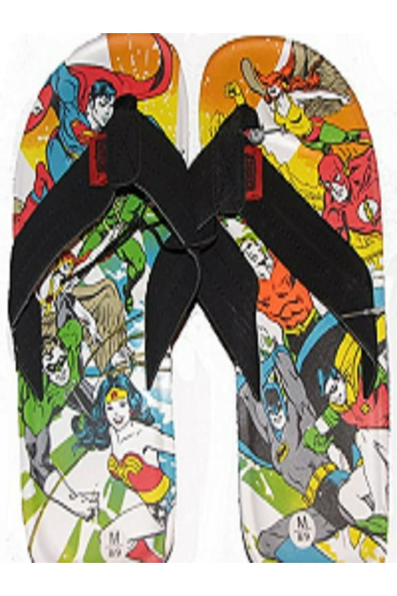 Justice League America Action Print Super Hero Nubuck Adult Men's Flip Flops Sandals (Size Large)