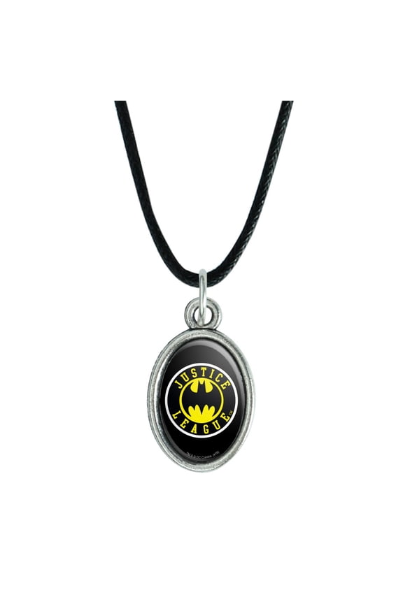 Justice League Batman Athletic Logo Antiqued Oval Charm Pendant with Black Satin Cord
