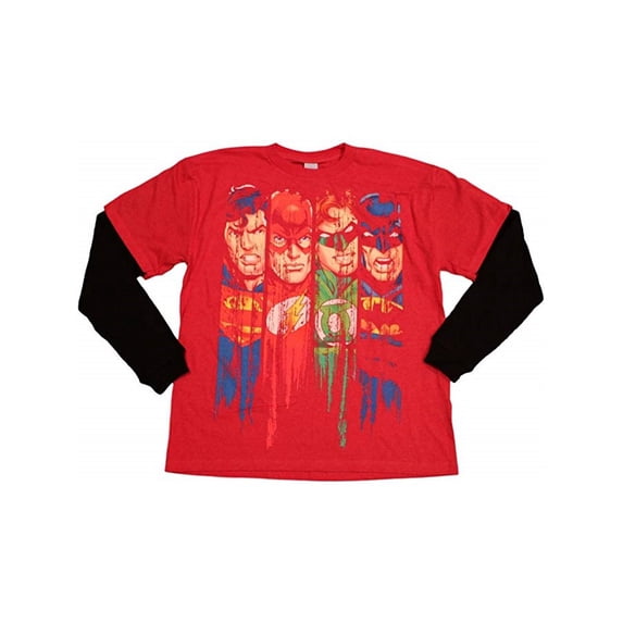 Justice League Big Boys' Drip Mock Layer Long Sleeve Tee, Red L(14/16)