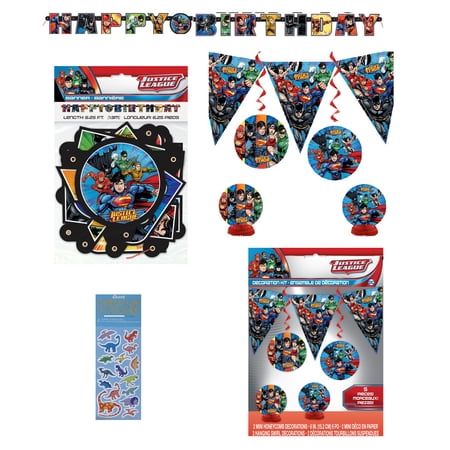 Justice League Birthday Party Supplies Bundle includes 1 Happy Birthday Banner, 5 Piece Party Decorating Kit, 1 Dinosaur Sticker Sheet