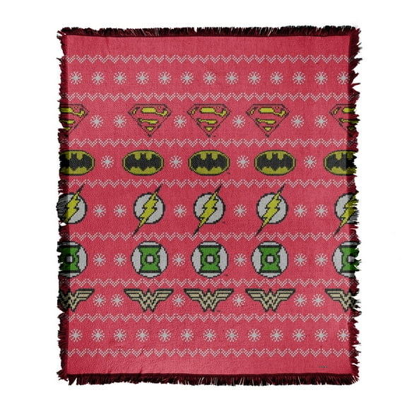 Justice League Blanket, 50"x60" JLA Ugly Christmas Sweater Woven Tapestry Cotton Blend Fringed Throw Blanket