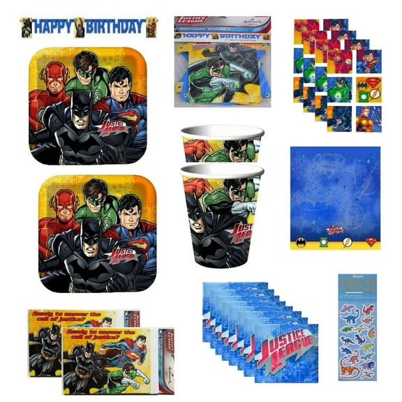 Justice League Boy Birthday Party Bundle includes 16 Lunch Plates, 16 Napkins, 16 Cups, 1 Table Cover, 1 Birthday Banner, 16 Party Invitations, 16 Loot Bags, 24 Stickers