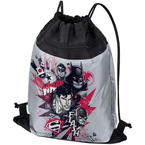 Justice League Character Heads Drawstring Backpack Sports Bag Sackpack 17" x 13", Perfect for Gym, Yoga or Practice