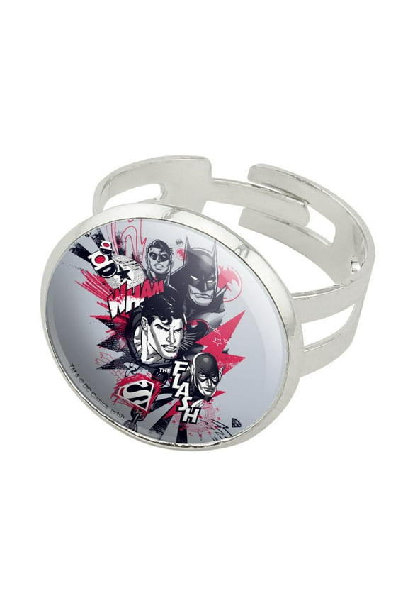 Justice League Character Heads Silver Plated Adjustable Novelty Ring