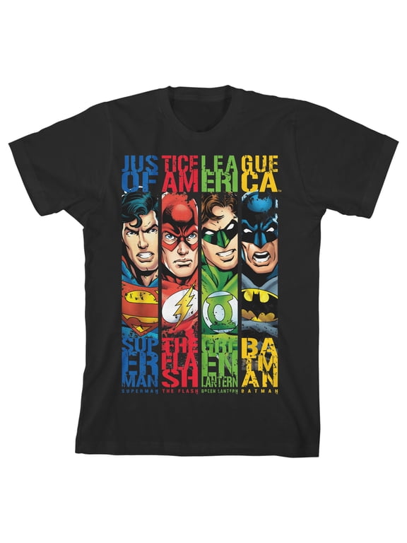 Justice League Character Panels Boy's Black T-shirt-X-Large