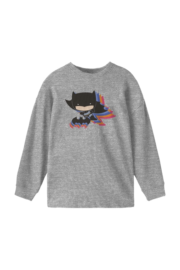 Justice League Chibi Batman Colorful Shadow Boy's Heather Grey Long Sleeve Shirt-XL