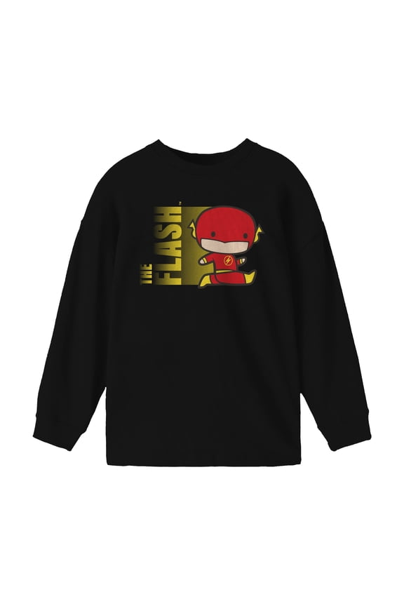 Justice League Chibi Flash Run Boy's Black Long Sleeve Shirt-Small