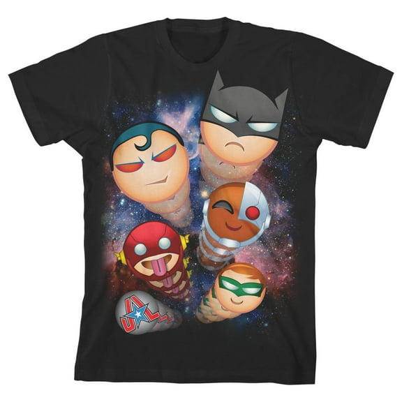 Justice League Chibi Hero Heads Boy's Black T-shirt-Large