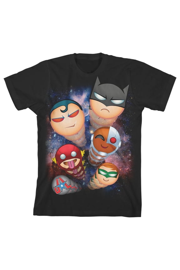 Justice League Chibi Hero Heads Boy's Black T-shirt-Medium