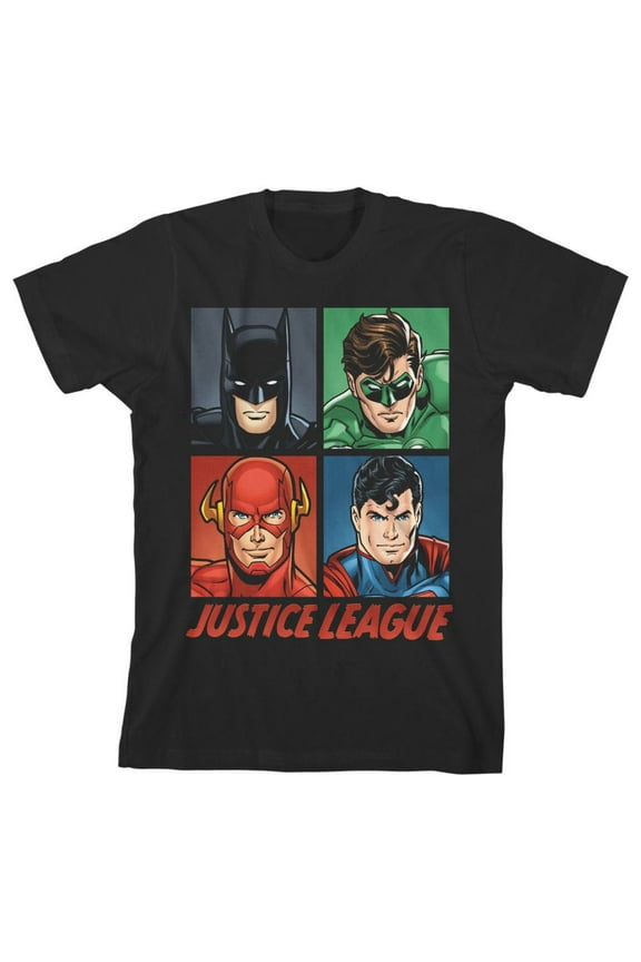 Justice League Colorful Character Squares Boy's Black T-shirt-Medium