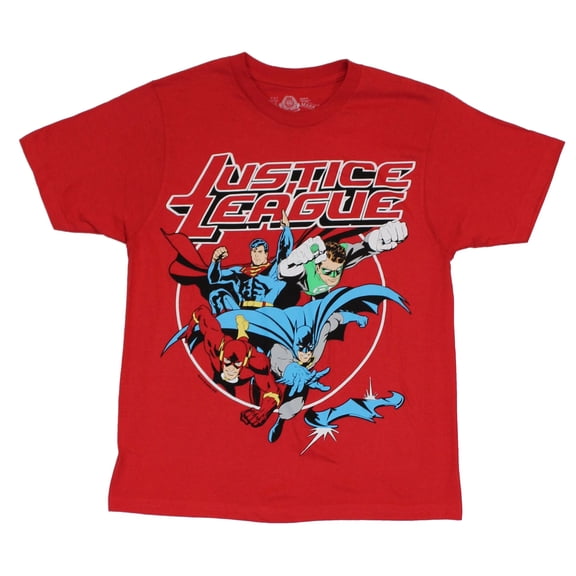 Justice League (DC Comics) Mens T-Shirt - Sueprman Batman Flash & GL Lunging Pic (Small)