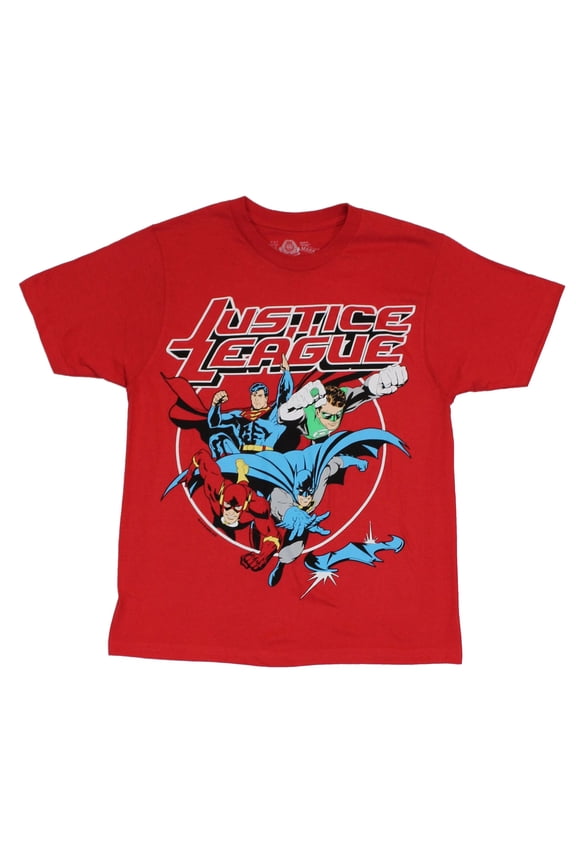 (DC Comics) Mens T-Shirt - Sueprman Batman Flash & GL Lunging Pic (Small)