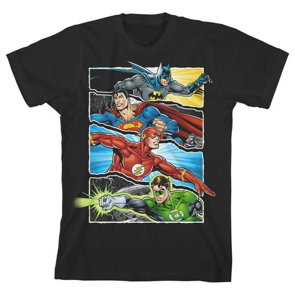 Justice League Four Superheroes Boy's Black T-shirt-Medium