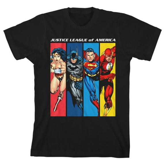 Justice League Four Superheroes Boy's Black T-shirt-Small