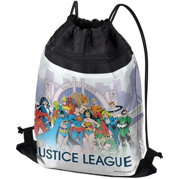 Justice League Hall of Justice Drawstring Backpack Sports Bag Sackpack 17" x 13", Perfect for Gym, Yoga or Practice