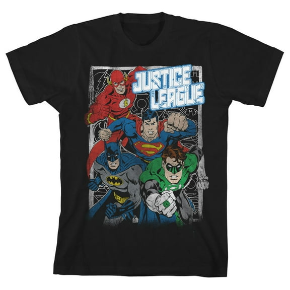 Justice League Heroes Youth Boys Black T-Shirt-Medium