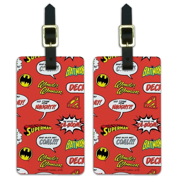 Justice League Holiday Speech Bubbles Pattern Luggage ID Tags Suitcase Carry-On Cards - Set of 2