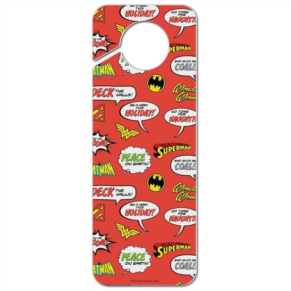 Justice League Holiday Speech Bubbles Pattern Plastic Door Knob Hanger Sign