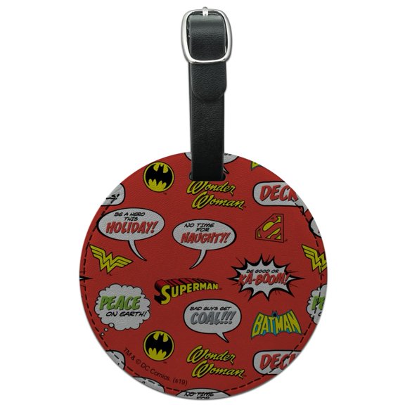 Justice League Holiday Speech Bubbles Pattern Round Leather Luggage Card Suitcase Carry-On ID Tag