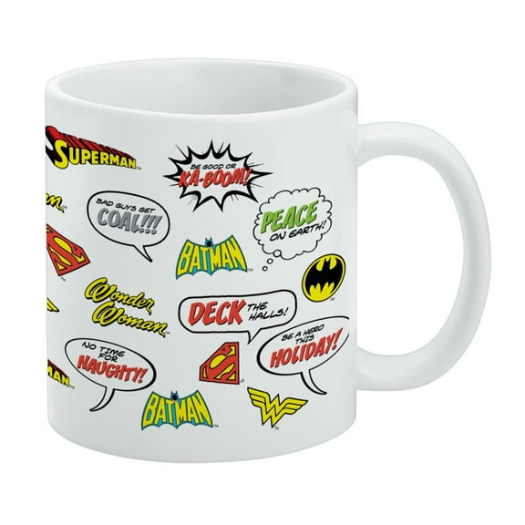 Justice League Holiday Speech Bubbles Pattern White Mug