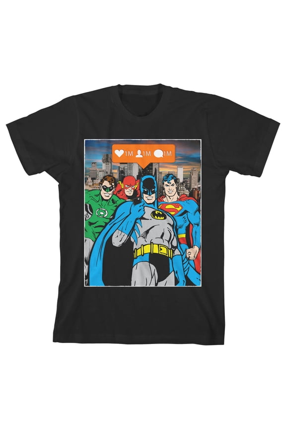 Justice League Instagram Pose Boy's Black T-shirt-XL