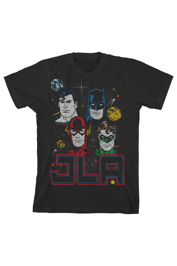 Justice League JLA Four Heroes Boys Black T-shirt-Medium