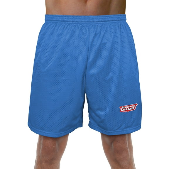 Justice League Logo Mens Lined Mesh Shorts, Royal, Large