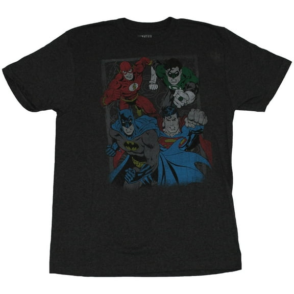 Justice League Mens T-Shirt - Distressed Boxed Flash Green Lantern Flash Batman (Medium)