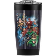 Justice League Mighty Heroes توحد بهلوان الفولاذ المقاوم للصدأ 20 أونصة كوب سفر القهوة ، فراغ معزول وجدار مزدوج مع غطاء منزلق مقاوم للانزلاق | رائع للمشروبات الساخنة والمشروبات الباردة
