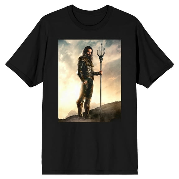 Justice League Movie Aquaman with Trident Men's Black T-Shirt-Small