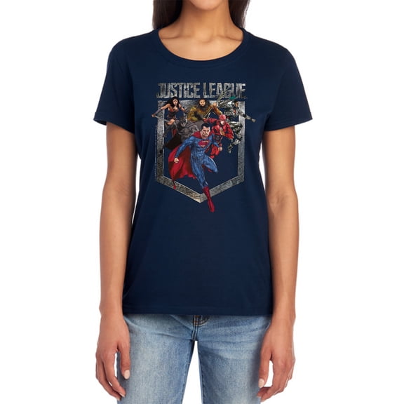Justice League Movie Charge Women's T Shirt, Navy, Small