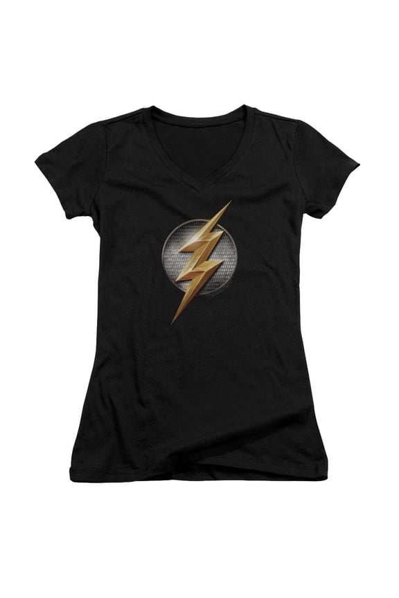 Justice League Movie Flash Logo Junior Women's T-Shirt V-Neck Black