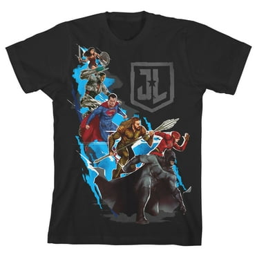 Justice League Movie Group Character Art Boy's Black T-shirt-L