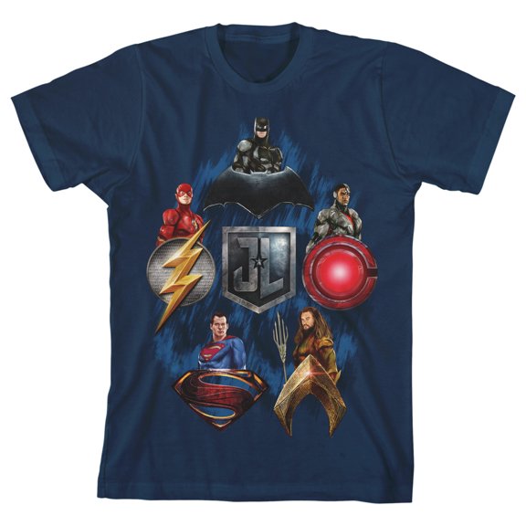 Justice League Movie Heroes and Emblems Boy's Navy T-shirt-S