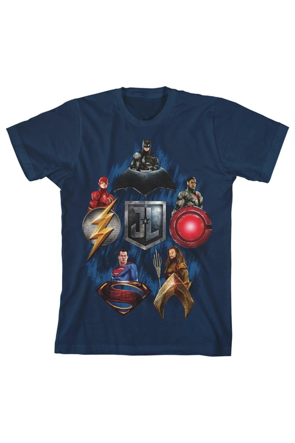 Justice League Movie Heroes and Emblems Boy's Navy T-shirt-S