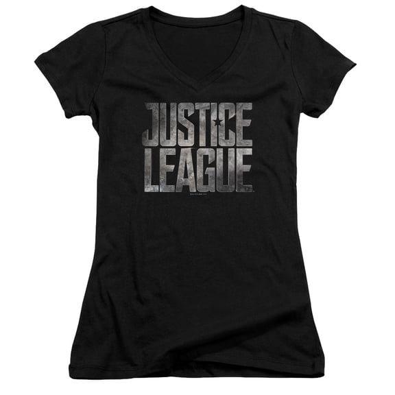 Justice League Movie Metal Logo Junior Women's T-Shirt V-Neck Black
