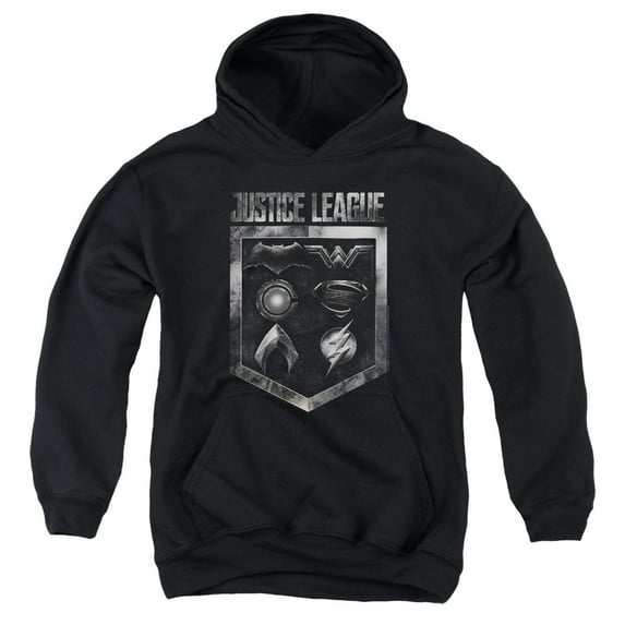 Trevco Sportswear JLM106-YFTH-3 Justice League Movie Shield of Emblems Youth Hooded Sweatshirt, Black - Large