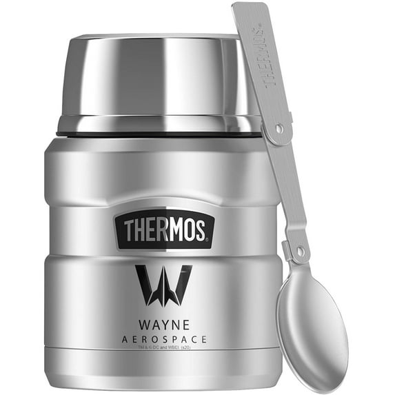 Justice League Movie Wayne Aerospace, THERMOS STAINLESS KING Stainless Steel Food Jar with Folding Spoon, Vacuum insulated & Double Wall, 16oz