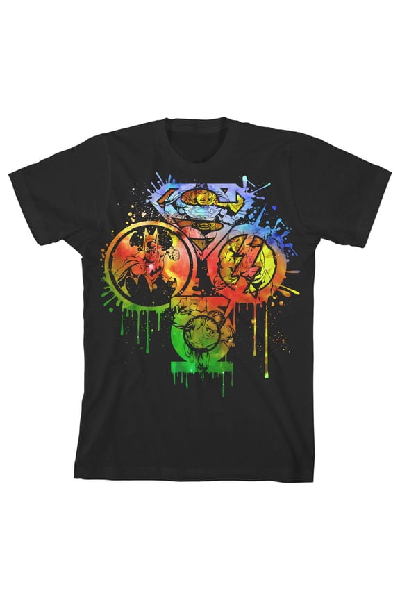 Justice League Paint Splatter Logos Toddler Boy's Black T-shirt-3T