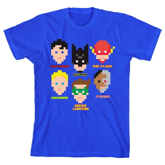 Justice League Pixel Superheroes Boy's Royal Blue T-shirt-XS