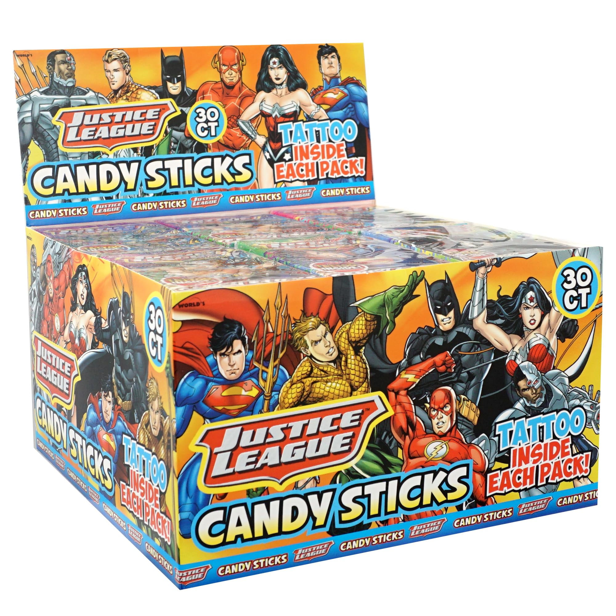 Justice League Superhero Candy Sticks & Tattoo Inside Each Pack, 30 Pack, Kids Party Favors, Goodie Bags