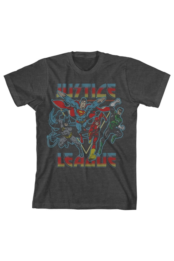Justice League Superhero Team Art Boys Charcoal Heather T-shirt-Small