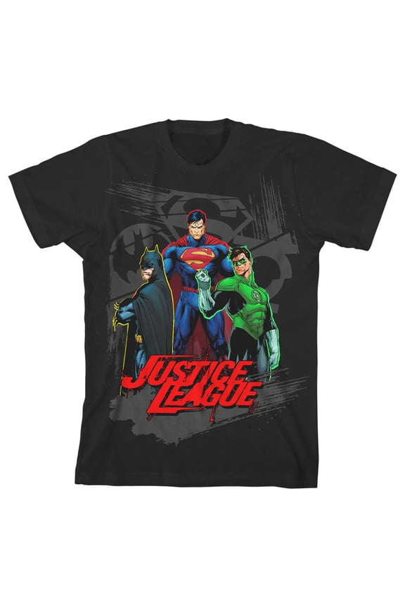 Justice League Superhero Trio and Logo Background Boy's Black T-shirt-Large